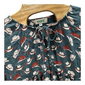 Rockin C Womens Mini Dress M Flowy‎ Western Cowboy Hat Print Teal Cowgirl Boho